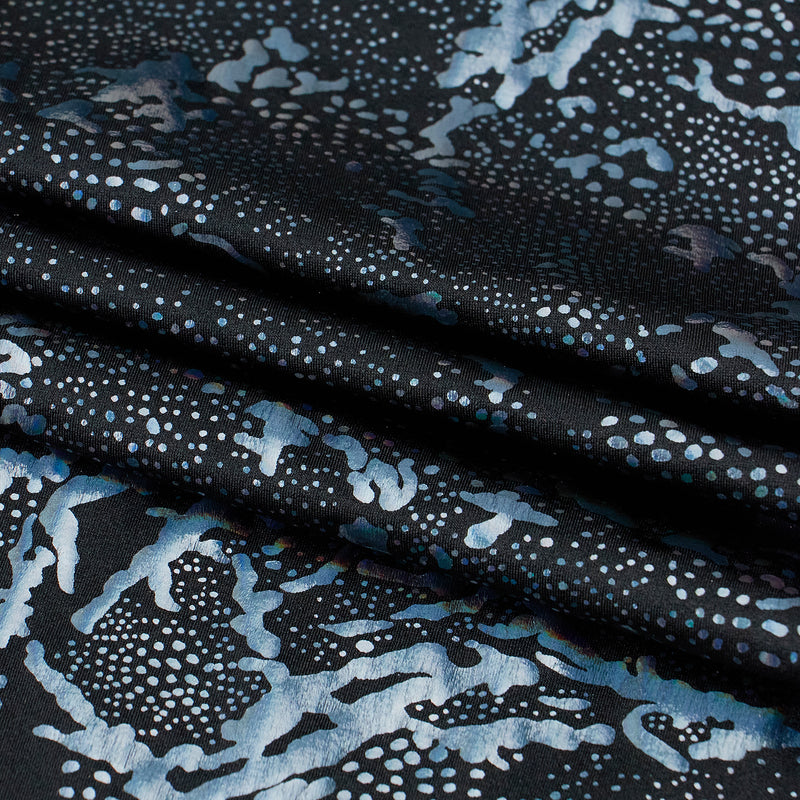 A folded sample of Metallic Reef Hologram Spandex Fabric in the color Black/Black