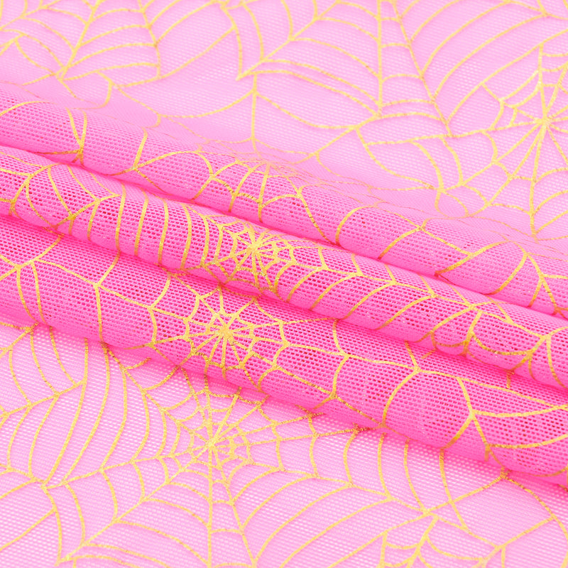 A folded sample of Spiderweb Foiled Mesh Spandex Fabric in the color Hot Pink/Gold