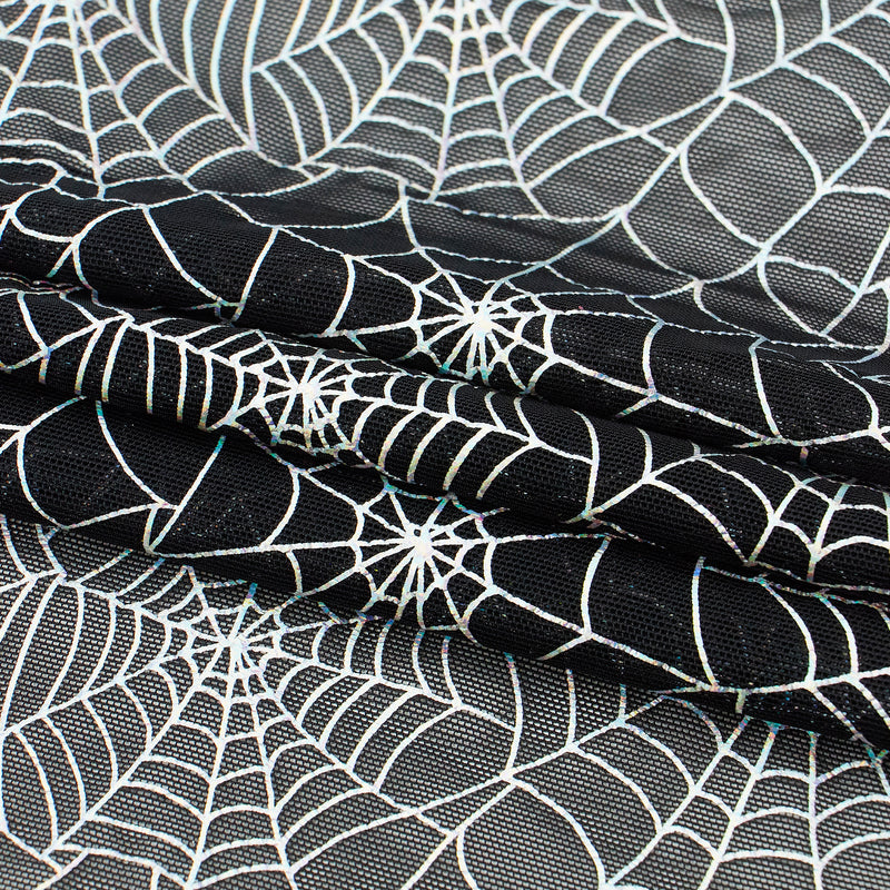 A folded sample of Spiderweb Foiled Mesh Spandex Fabric in the color Black/Silver