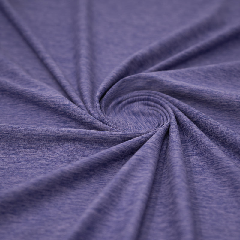 A swirled sample of EcoDelish Double Peached Melange recycled polyester spandex fabric in the color Periwinkle