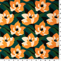 A flat sample of Abstract Painted Lilies Printed Spandex in Teal/Orange.