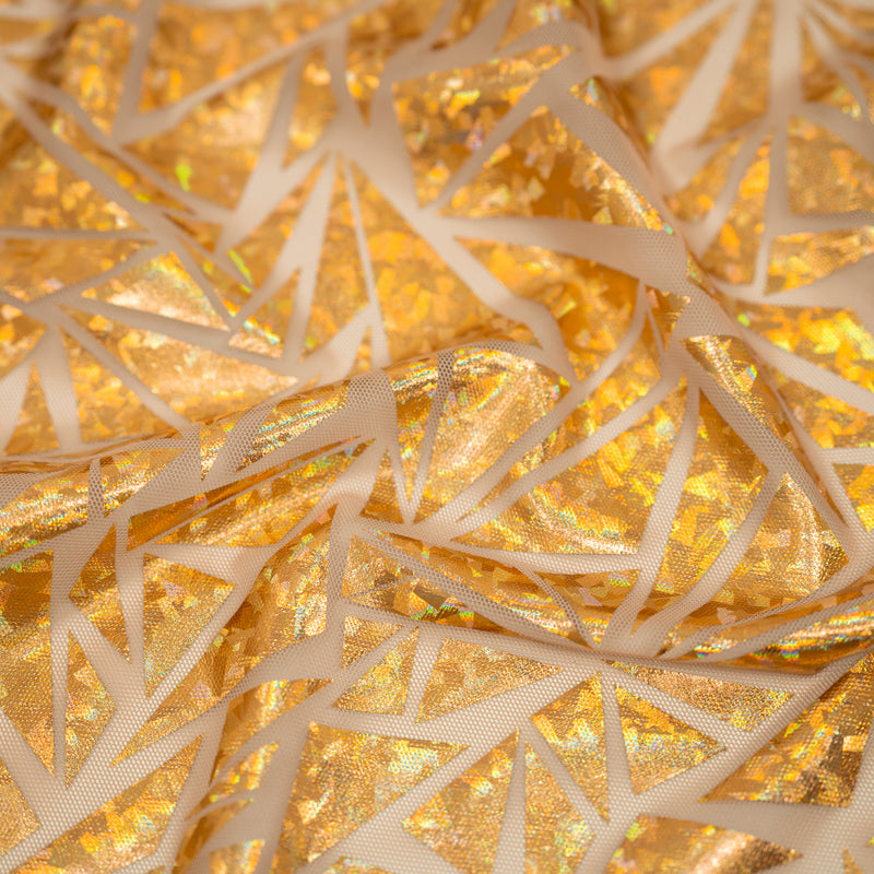 A sample of Abstract Triangle Foil Printed Mesh in Skin/Gold