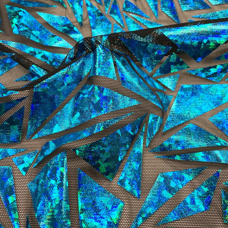 A swirled sample of abstract triangle foil printed mesh in the color black/turquoise.