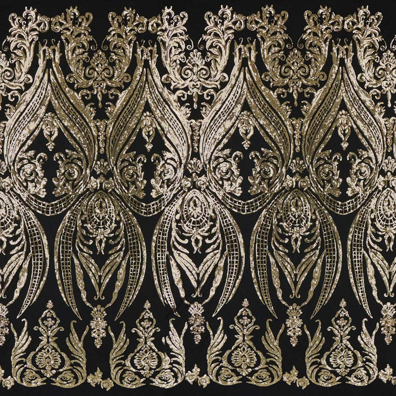 A panel of Amelia. Early Hollywood-inspired design with embroidered gold sequin on a black stretch mesh base.