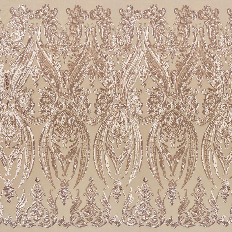 A panel of Amelia. Early Hollywood-inspired design with embroidered rose-gold sequin on a tan stretch mesh base.