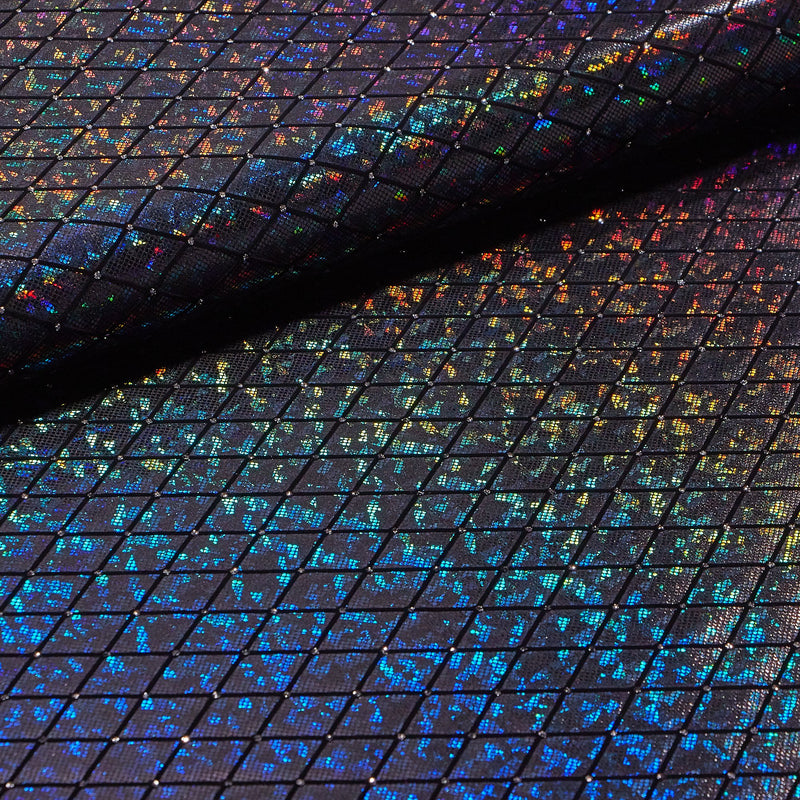 A folded sample of argyle shattered glass foiled spandex in the color black.