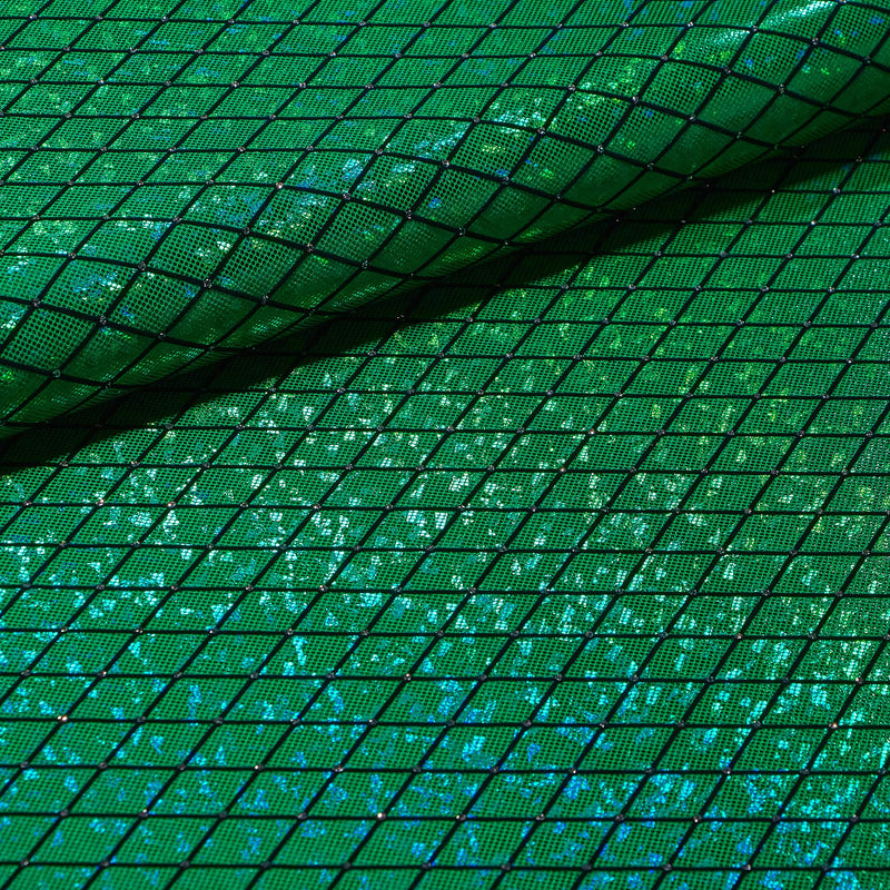 A folded sample of argyle shattered glass foiled spandex in the color green.