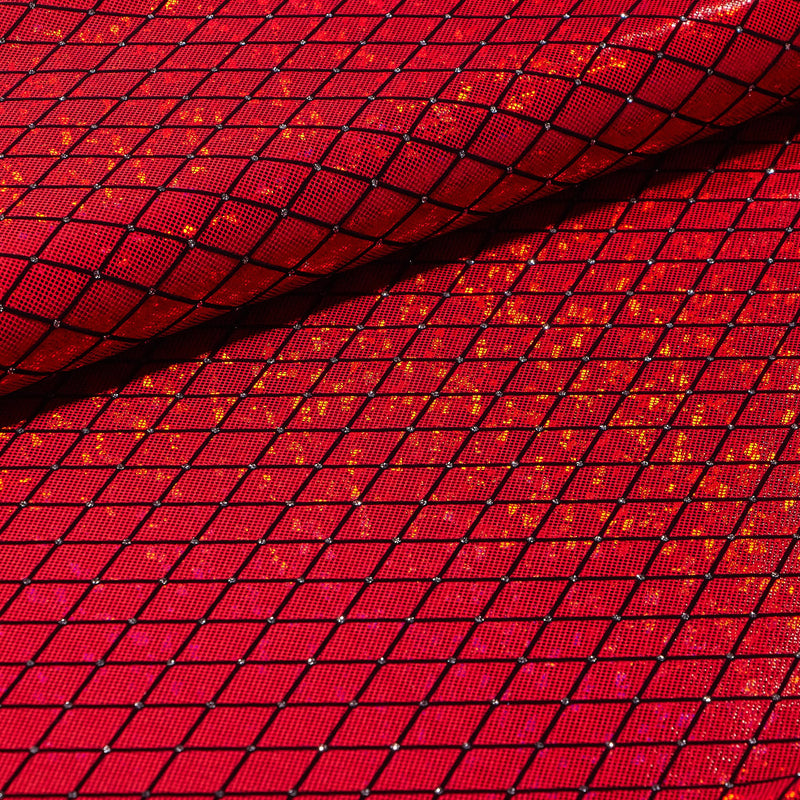A folded sample of argyle shattered glass foiled spandex in the color red.