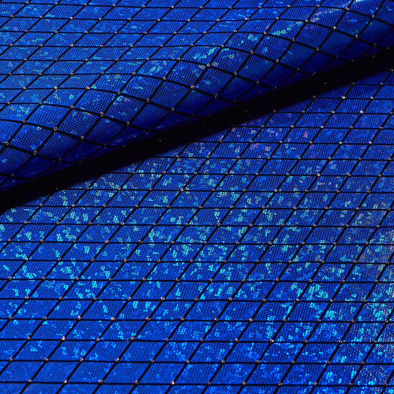 A folded sample of argyle shattered glass foiled spandex in the color royal.