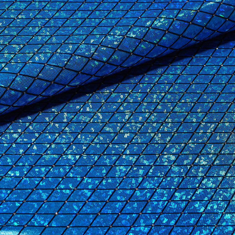 A folded sample of argyle shattered glass foiled spandex in the color turquoise.