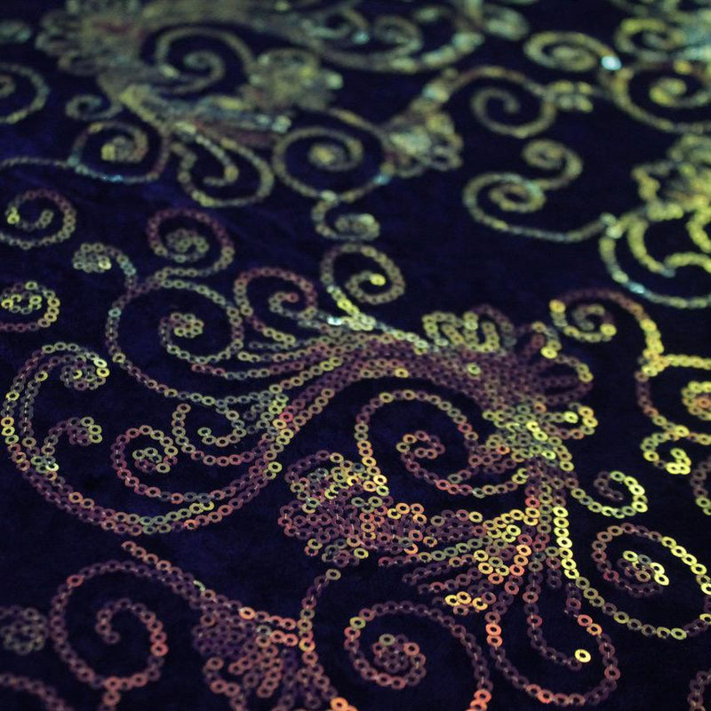 A flat sample of aria stretch velvet sequin in the color royal-pearl.