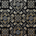 A flat sample of bandana foil prtined spandex in the color black-gold.