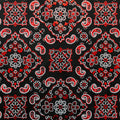 A flat sample of bandana foil printed spandex in the color black-red.
