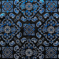 A flat sample of bandana foil printed spandex in the color black-royal.