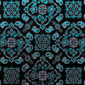 A flat sample of bandana foil printed spandex in the color black-turquoise.