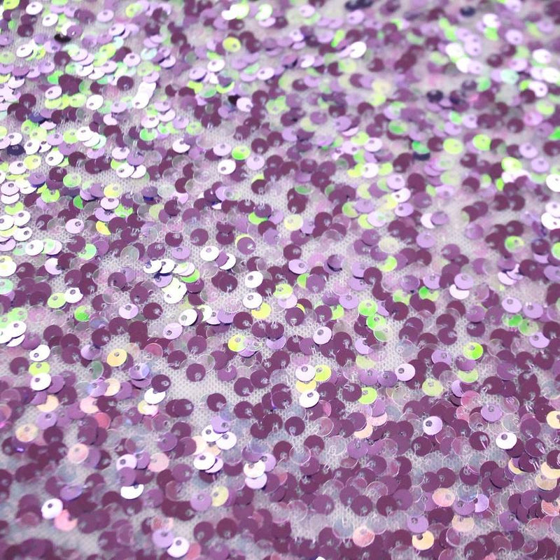 A flat sample of Belle stretch mesh sequin in the color lilac.