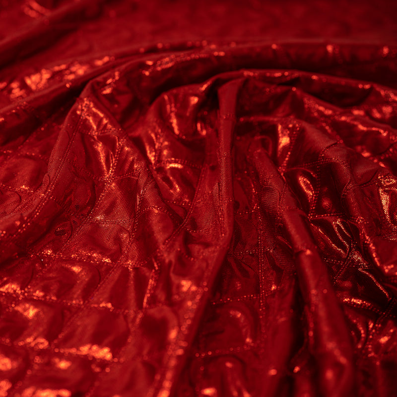 Swirled sample shot of Betty Embossed Metallic Polyester in Red.