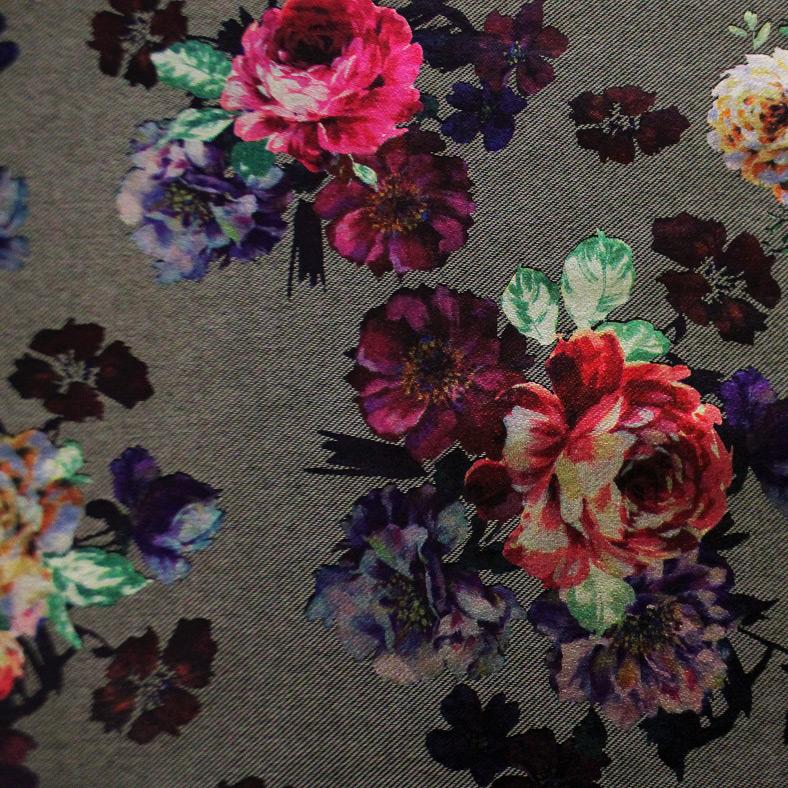 Bohemian Dark Wash Stretch Denim with a Floral Foil Print