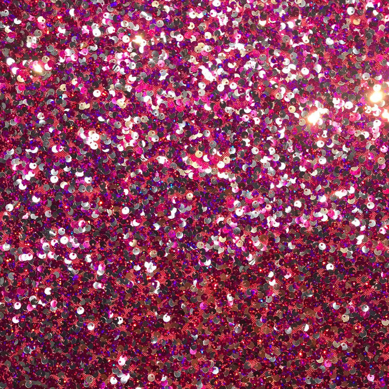 A flat sample of broadway stretch mesh sequin in the color fuchsia-silver.