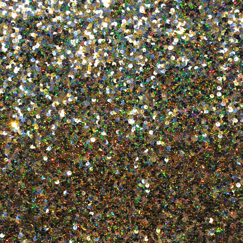 A flat sample of broadway stretch mesh sequin in the color gold-silver.