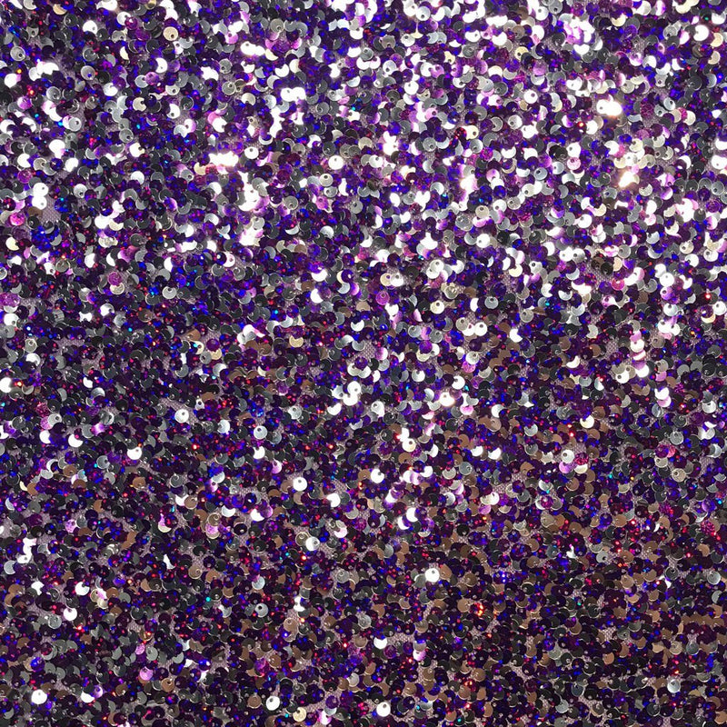 A flat sample of broadway stretch mesh sequin in the color purple-silver.