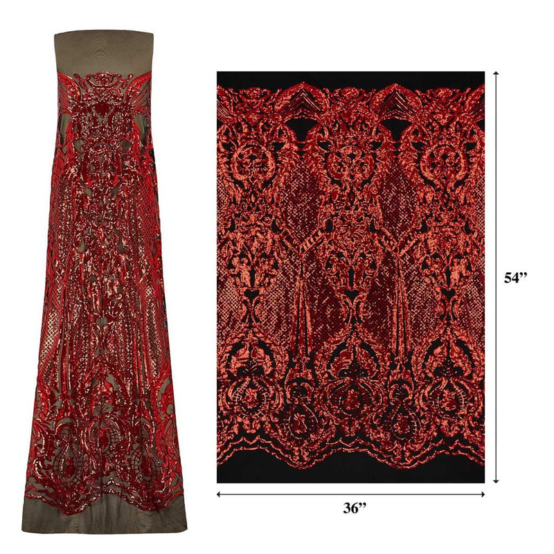 A measured panel of Celine, a Victorian-inspired design with embroidered red sequin on a black stretch mesh base.