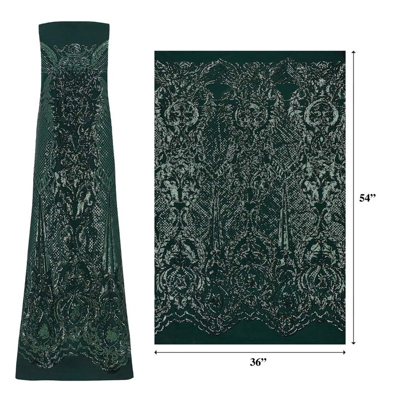 A measured panel of Celine, a Victorian-inspired design with embroidered emerald green sequin on an emerald green stretch mesh base.