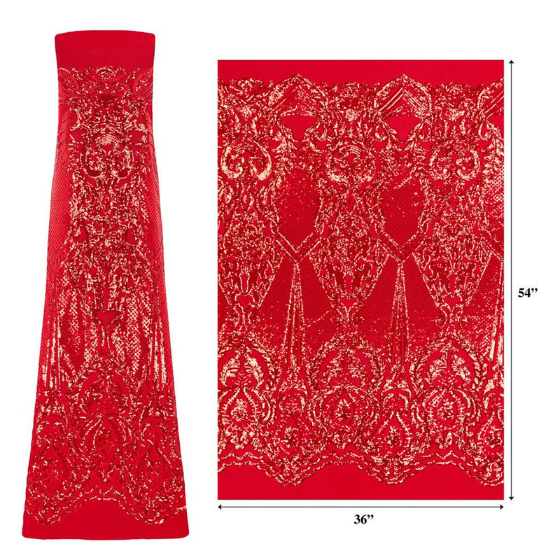A measured panel of Celine, a Victorian-inspired design with embroidered red sequin on a red stretch mesh base.