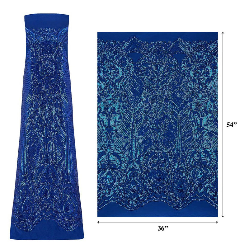 A measured panel of Celine, a Victorian-inspired design with royal blue sequin on a royal blue stretch mesh base.
