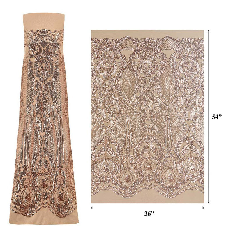 A measured panel of Celine, a Victorian-inspired design with embroidered rose gold sequin on a tan stretch mesh base.