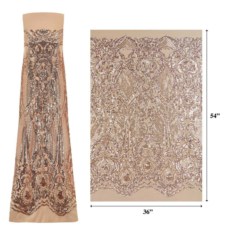 A measured panel of Celine, a Victorian-inspired design with embroidered rose gold sequin on a tan stretch mesh base.