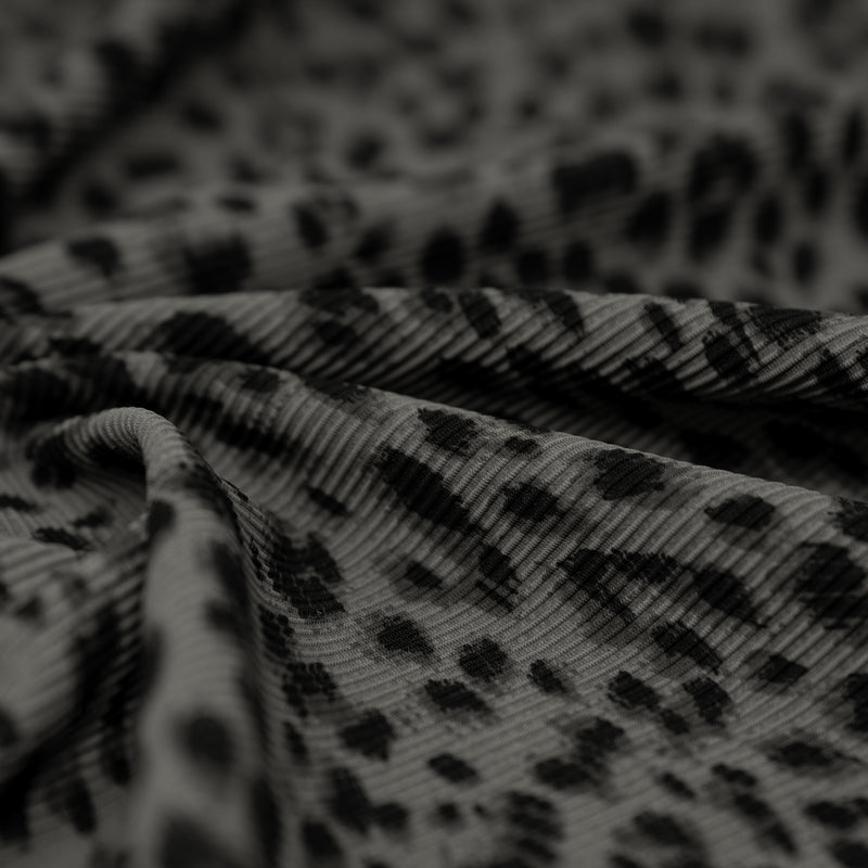 Detailed shot of Cheetah Ribbed Printed Spandex in color Grey