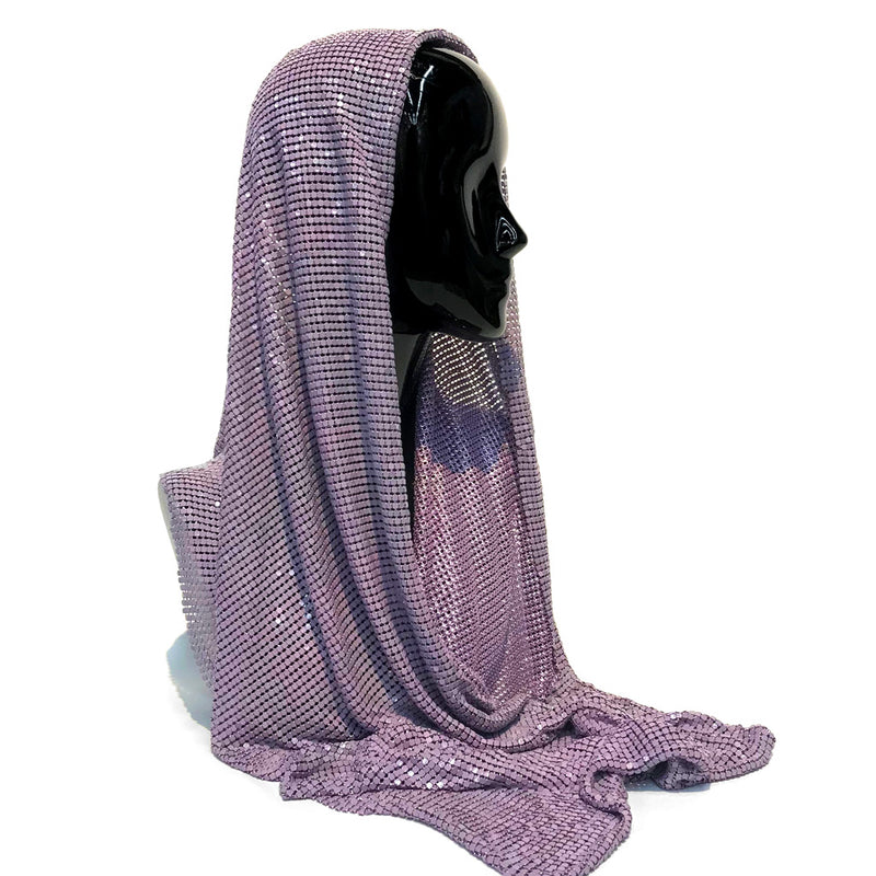 A sample on a bust manequin of classic aluminum scale mesh in the color lilac.