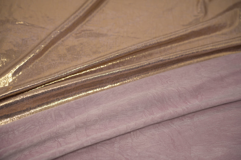 Detailed shot of front and back of Claudette Creased Foiled Spandex Fabric in color Pale Purple/Gold.
