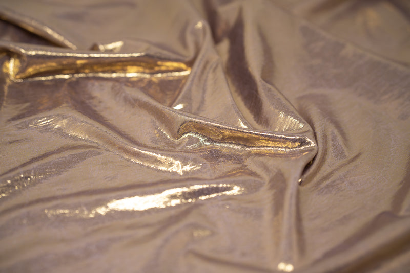 Detailed shot of Claudette Creased Foiled Spandex Fabric in color Pale Purple/Gold.