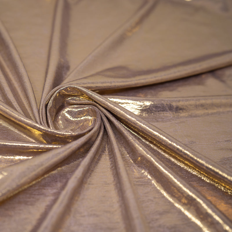 Swirled sample shot of Claudette Creased Foiled Spandex Fabric in color Pale Purple/Gold.