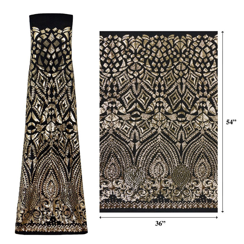 A measured panel of Cleopatra. Egyptian-inspired design with embroidered gold sequin on a black stretch mesh base.