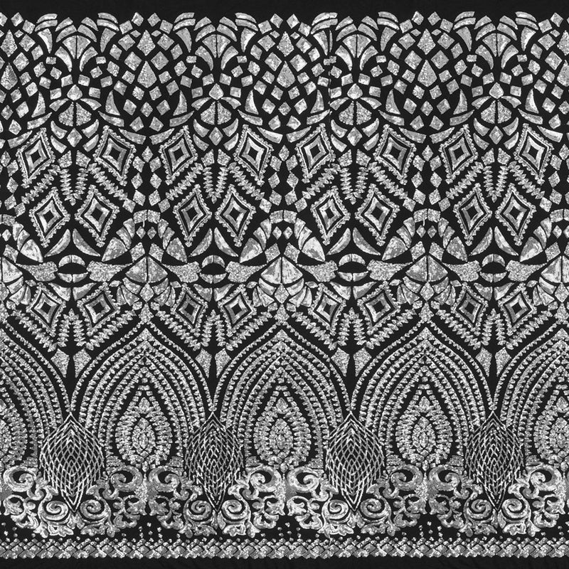 A panel of Cleopatra. Egyptian-inspired design with embroidered silver sequin on a black stretch mesh base.