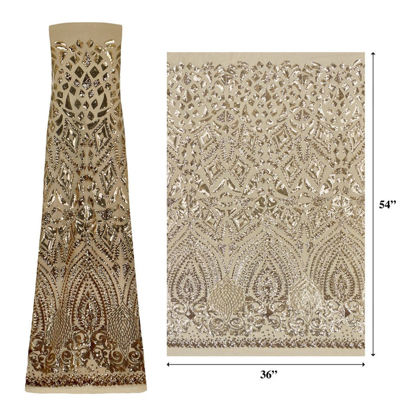 A measured panel of Cleopatra. Egyptian-inspired design with embroidered gold sequin on a tan stretch mesh base.