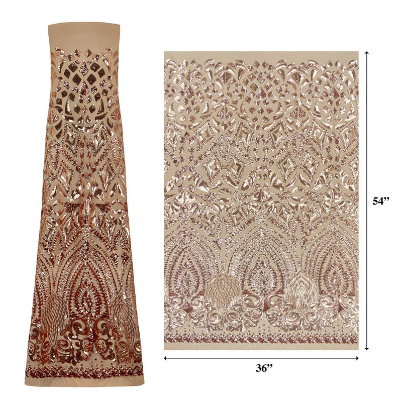 A measured panel of Cleopatra. Egyptian-inspired design with embroidered rose gold sequin on a tan stretch mesh base.