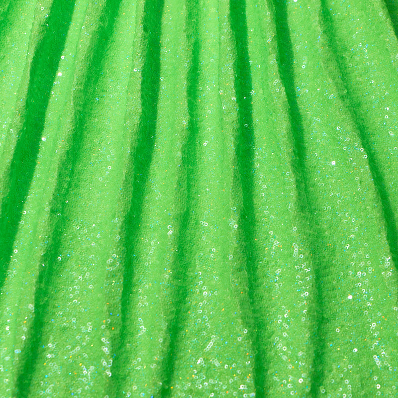 A panel of Cosmic GLOW spandex sequin in  Neon Lime available at Blue Moon Fabrics.