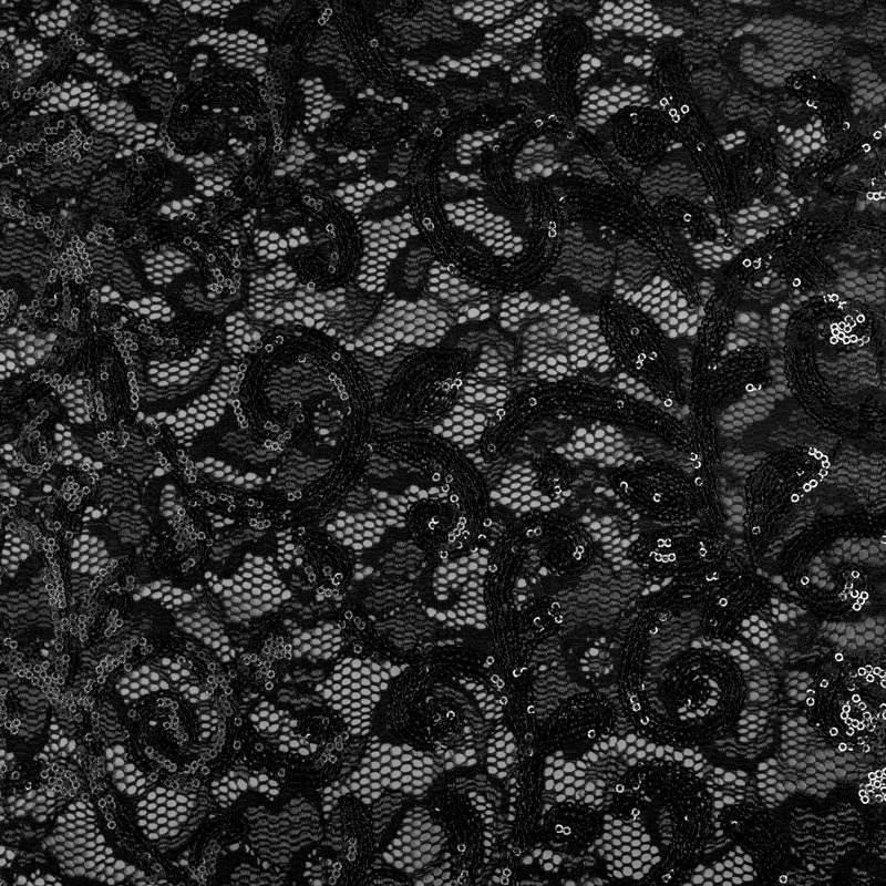 A flat sample of cottage garden stretch lace sequin in the color black available at blue moon fabrics.