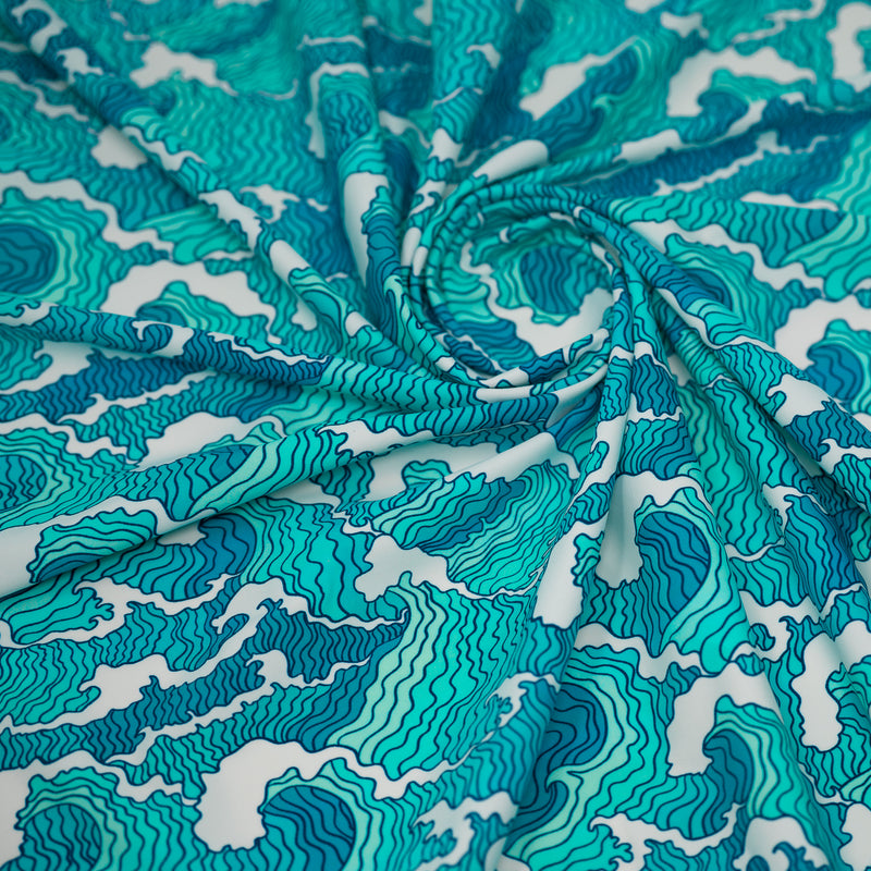 Swirled piece of Detailed shot of Crazy Waves Printed Spandex.
