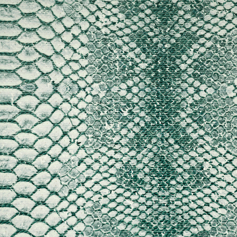 A flat sample of Crocodile Printed Flip Sequin on Spandex in the color white-green