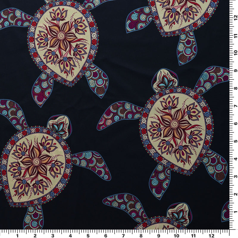 A flat sample of Decorated Sea Turtles Printed Spandex.