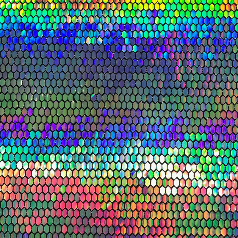 A flat sample of disco armor holographic spandex sequin in the color black.