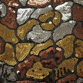 A flat sample of disco daze stretch mesh sequin in the color black-gold.