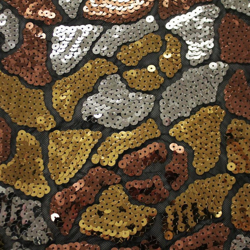 A flat sample of disco daze stretch mesh sequin in the color black-gold.