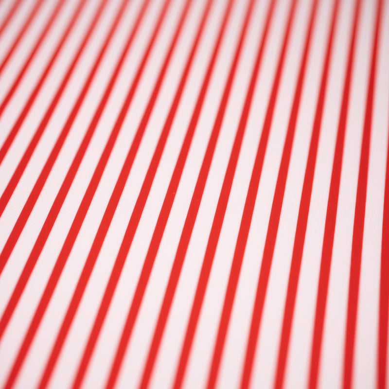 Detailed shot of Double Striped 1/8” Printed Spandex Fabric in Red and White
