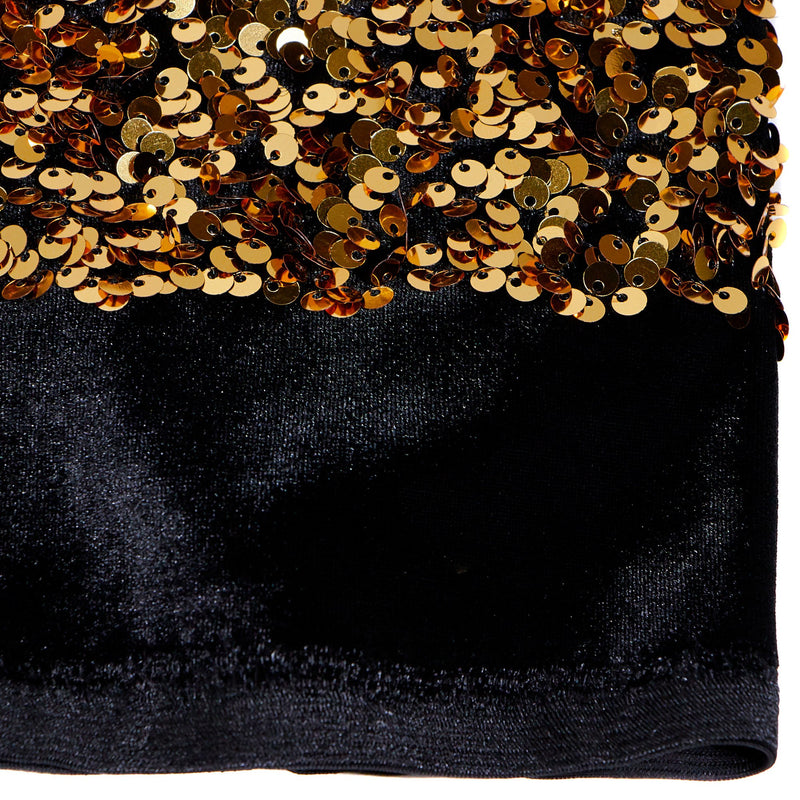 A flat sample of duchess stretch velvet sequin in the color black-gold.